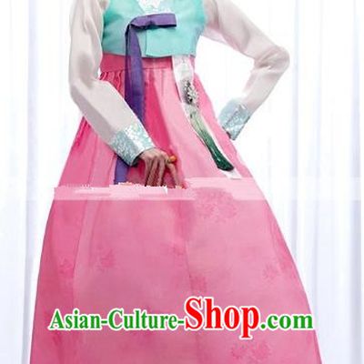 Korean Traditional Palace Garment Hanbok Fashion Apparel Costume Bride Blue Blouse and Pink Dress for Women