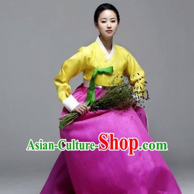 Korean Traditional Palace Garment Hanbok Fashion Apparel Costume Bride Yellow Blouse and Rosy Dress for Women