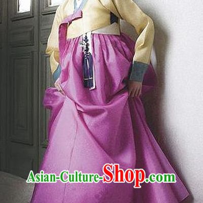 Korean Traditional Palace Garment Hanbok Fashion Apparel Costume Bride Yellow Blouse and Purple Dress for Women