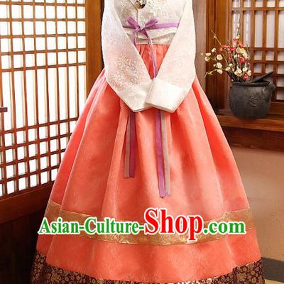 Korean Traditional Palace Garment Hanbok Fashion Apparel Costume Bride White Blouse and Orange Dress for Women