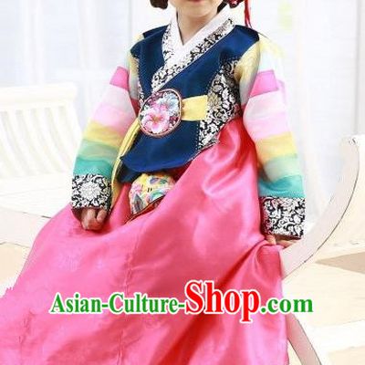 Korean Traditional Hanbok Korea Children Navy Blouse and Pink Dress Fashion Apparel Hanbok Costumes for Kids