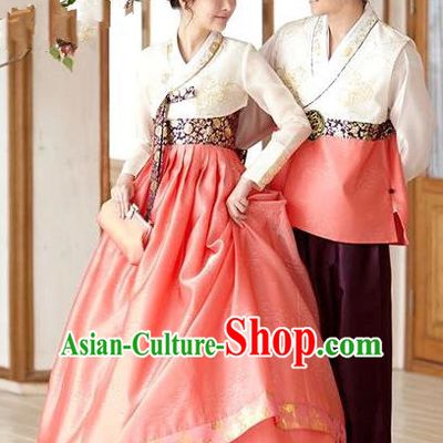Korean Traditional Garment Palace Orange Hanbok Fashion Apparel Bride and Bridegroom Costumes Complete Set