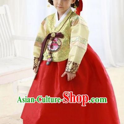 Korean Traditional Hanbok Korea Children Yellow Blouse and Red Dress Fashion Apparel Hanbok Costumes for Kids