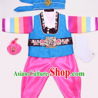 Korean Traditional Hanbok Clothing Korean Boys Hanbok Costumes Blue Shirt and Pink Pants for Kids