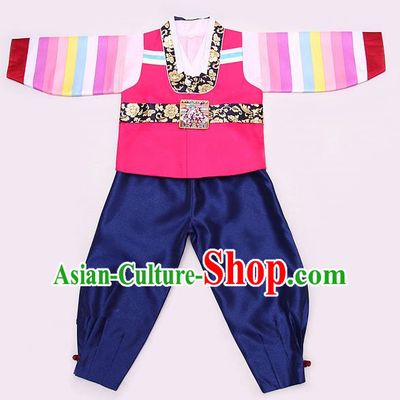 Korean Traditional Hanbok Clothing Korean Boys Hanbok Costumes Pink Shirt and Navy Pants for Kids