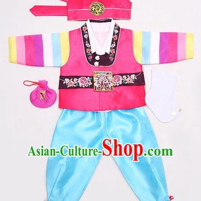 Korean Traditional Hanbok Clothing Korean Boys Hanbok Costumes Pink Shirt and Blue Pants for Kids