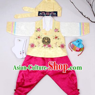 Korean Traditional Hanbok Clothing Korean Boys Hanbok Costumes Yellow Shirt and Rosy Pants for Kids