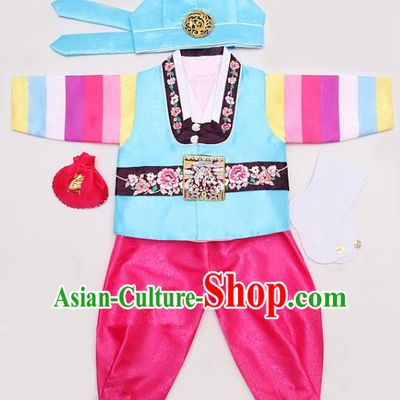 Korean Traditional Hanbok Clothing Korean Boys Hanbok Costumes Blue Shirt and Rosy Pants for Kids