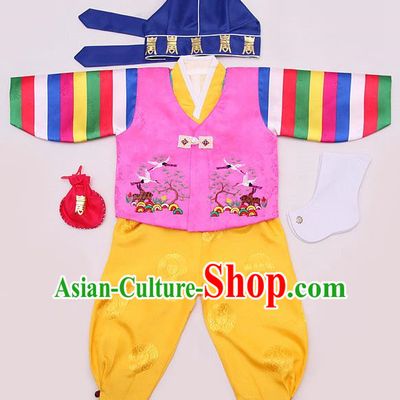 Korean Traditional Hanbok Clothing Korean Boys Hanbok Costumes Pink Shirt and Yellow Pants for Kids