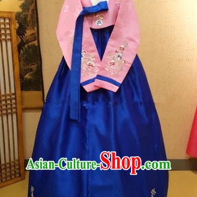 Korean Traditional Garment Palace Hanbok Pink Blouse and Royalblue Dress Fashion Apparel Bride Costumes for Women