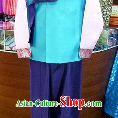 Asian Korean Traditional Hanbok Clothing Ancient Korean Blue Shirt and Royalblue Pants Costume for Men