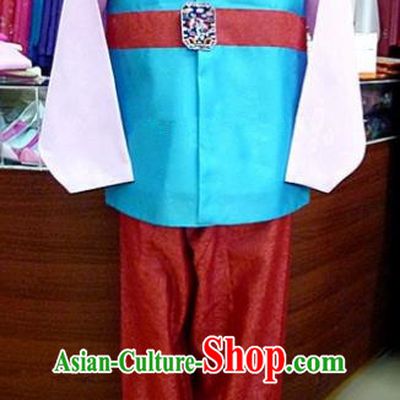 Asian Korean Traditional Hanbok Clothing Ancient Korean Blue Shirt and Red Pants Costume for Men