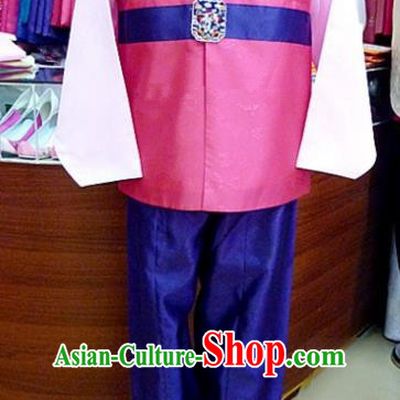Asian Korean Traditional Hanbok Clothing Ancient Korean Rosy Shirt and Royalblue Pants Costume for Men