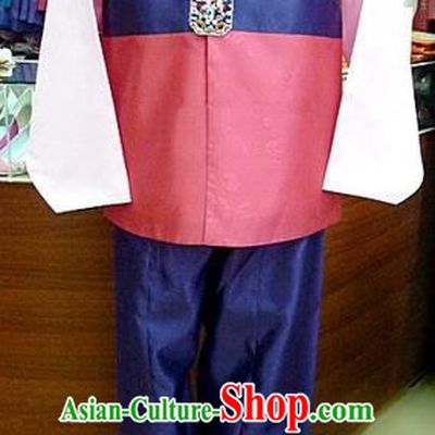 Asian Korean Traditional Hanbok Clothing Ancient Korean Pink Shirt and Navy Pants Costume for Men
