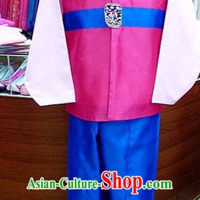 Asian Korean Traditional Hanbok Clothing Ancient Korean Pink Shirt and Royalblue Pants Costume for Men