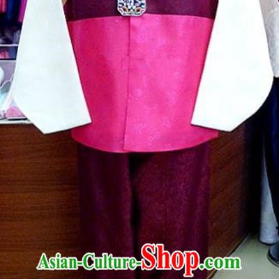 Asian Korean Traditional Hanbok Clothing Ancient Korean Rosy Shirt and Purple Pants Costume for Men