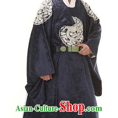 Asian Korean Traditional Hanbok Clothing Ancient Korean Emperor Costume Navy Robe for Men