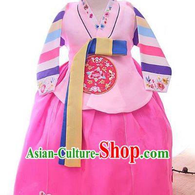 Korean Traditional Hanbok Korea Children Embroidered Blouse and Pink Dress Fashion Apparel Hanbok Costumes for Kids
