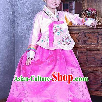 Korean Traditional Hanbok Korea Children Embroidered Pink Blouse and Dress Fashion Apparel Hanbok Costumes for Kids