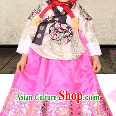 Korean Traditional Hanbok Korea Children Embroidered Beige Blouse and Dress Fashion Apparel Hanbok Costumes for Kids
