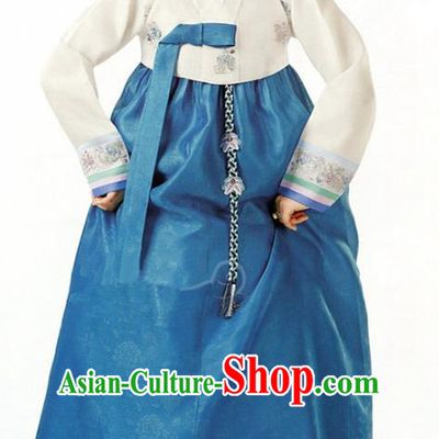 Korean Traditional Garment Palace Hanbok White Blouse and Blue Dress Fashion Apparel Bride Costumes for Women