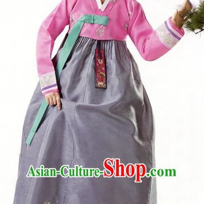 Korean Traditional Garment Palace Hanbok Pink Blouse and Grey Dress Fashion Apparel Bride Costumes for Women