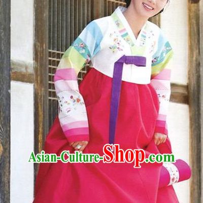 Korean Traditional Garment Palace Hanbok White Blouse and Rosy Dress Fashion Apparel Bride Costumes for Women