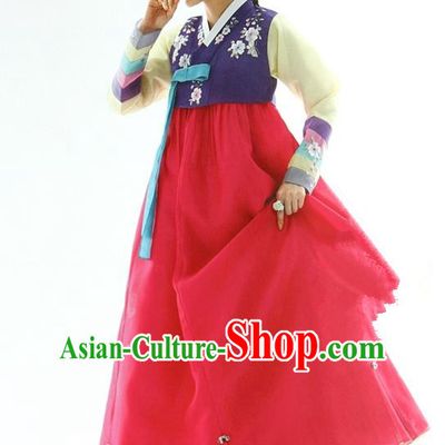 Korean Traditional Garment Palace Hanbok Purple Blouse and Red Dress Fashion Apparel Bride Costumes for Women