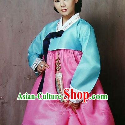 Korean Traditional Garment Palace Hanbok Blue Blouse and Pink Dress Fashion Apparel Bride Costumes for Women