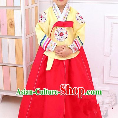 Korean Traditional Hanbok Korea Children Yellow Blouse and Red Dress Fashion Apparel Hanbok Costumes for Kids