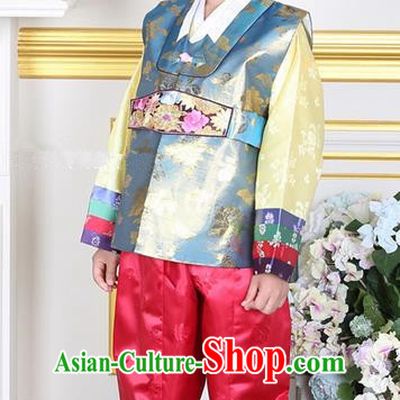 Korean Traditional Hanbok Clothing Korean Boys Hanbok Costumes Blue Shirt and Red Pants for Kids