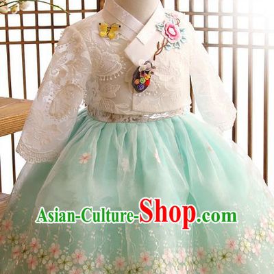 Korean Traditional Hanbok Korea Children White Lace Blouse and Green Dress Fashion Apparel Hanbok Costumes for Kids