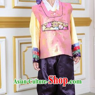 Korean Traditional Hanbok Clothing Korean Boys Hanbok Costumes Pink Shirt and Purple Pants for Kids