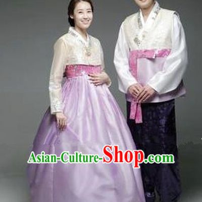 Asian Korean Traditional Hanbok Clothing Ancient Korean Palace Bride and Bridegroom Costumes Complete Set