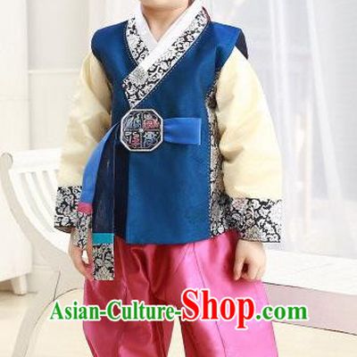 Korean Traditional Hanbok Clothing Korean Boys Hanbok Costumes Blue Shirt and Pink Pants for Kids