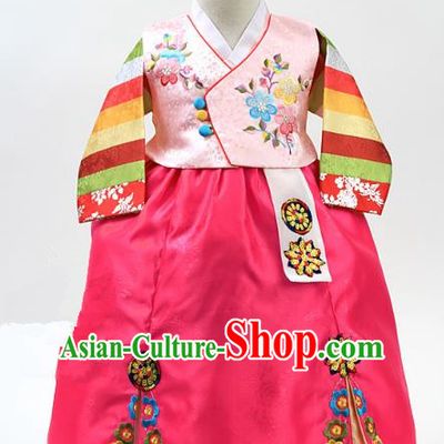 Korean Traditional Hanbok Korea Children Pink Blouse and Rosy Dress Fashion Apparel Hanbok Costumes for Kids