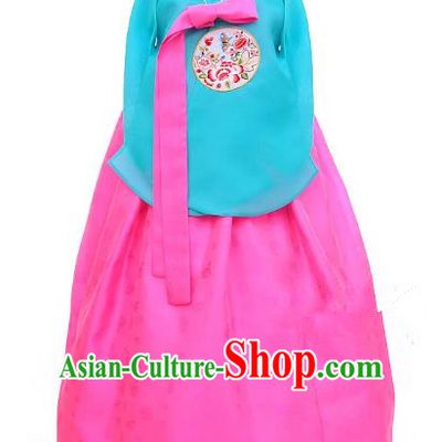 Korean Traditional Handmade Palace Hanbok Blue Blouse and Pink Dress Fashion Apparel Bride Costumes for Women