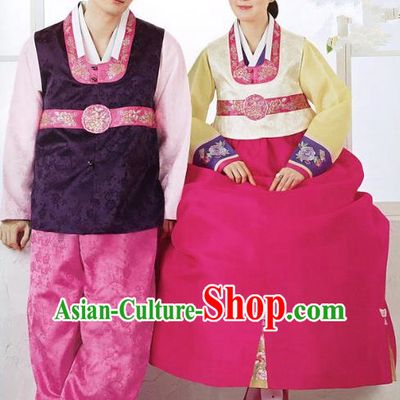 Asian Korean Traditional Palace Hanbok Wedding Clothing Ancient Korean Bride and Bridegroom Costumes Complete Set