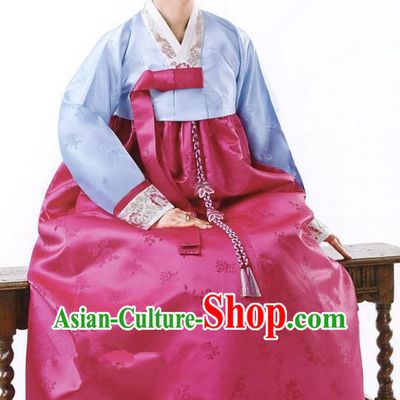 Korean Traditional Handmade Palace Hanbok Blue Blouse and Rosy Dress Fashion Apparel Bride Costumes for Women