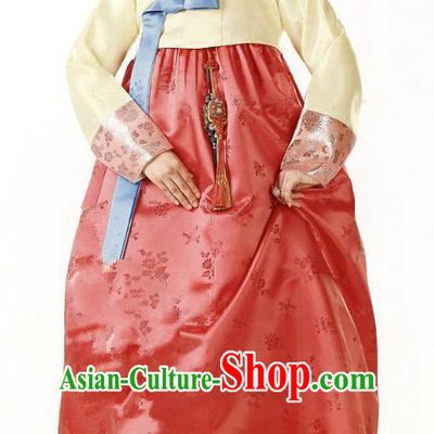 Korean Traditional Handmade Palace Hanbok Yellow Blouse and Red Dress Fashion Apparel Bride Costumes for Women