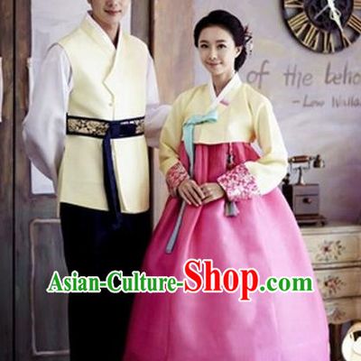 Asian Korean Traditional Palace Hanbok Couple Clothing Ancient Korean Bride and Bridegroom Costumes Complete Set