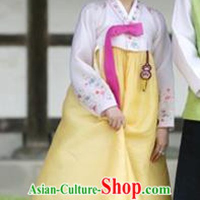 Korean Traditional Handmade Palace Hanbok White Blouse and Yellow Dress Fashion Apparel Bride Costumes for Women