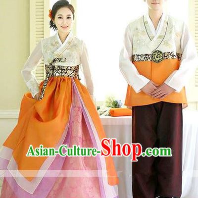 Asian Korean Traditional Palace Orange Hanbok Clothing Ancient Korean Bride and Bridegroom Costumes Complete Set