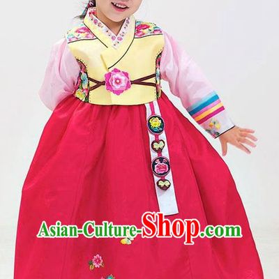 Korean Traditional Hanbok Korea Children Yellow Blouse and Rosy Dress Fashion Apparel Hanbok Costumes for Kids