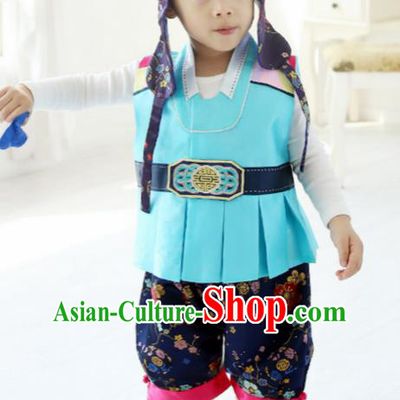 Korean Traditional Hanbok Clothing Korean Boys Hanbok Costumes Blue Shirt and Navy Pants for Kids