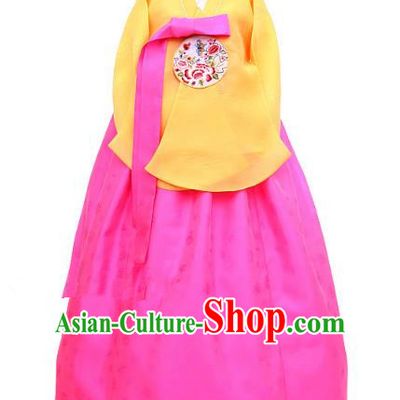 Korean Traditional Handmade Palace Hanbok Yellow Blouse and Rosy Dress Fashion Apparel Bride Costumes for Women