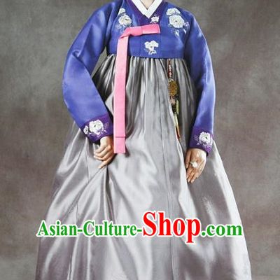 Korean Traditional Handmade Palace Hanbok Blue Blouse and Grey Dress Fashion Apparel Bride Costumes for Women