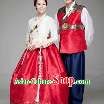 Asian Korean Traditional Palace Hanbok Clothing Ancient Korean Bride and Bridegroom Costumes Complete Set