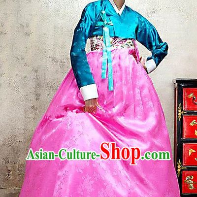 Top Grade Korean Traditional Palace Hanbok Blue Blouse and Pink Dress Fashion Apparel Bride Costumes for Women