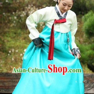 Top Grade Korean Traditional Palace Hanbok Beige Blouse and Blue Dress Fashion Apparel Bride Costumes for Women
